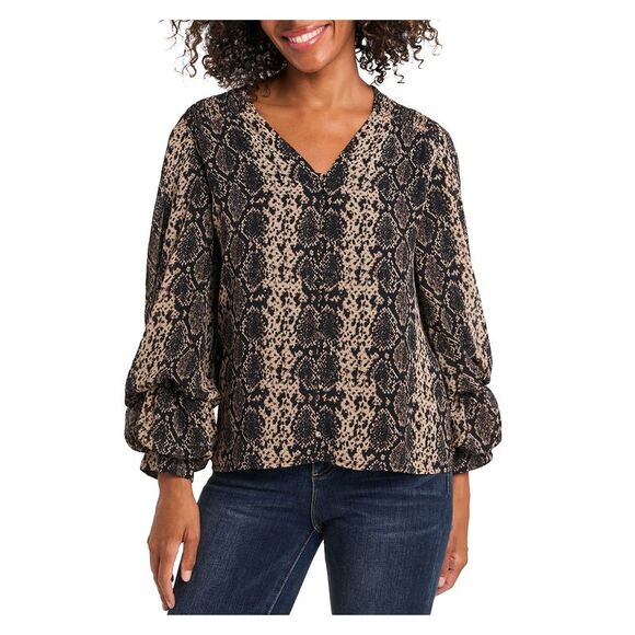 VINCE CAMUTO Womens Black Smocked Button Closure Balloon Sleeve V Neck Top XS - Picture 1 of 1